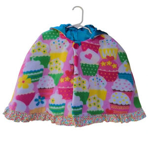 Handmade Cupcake Hooded Fleece Poncho Satin Lining, Pink/Blue